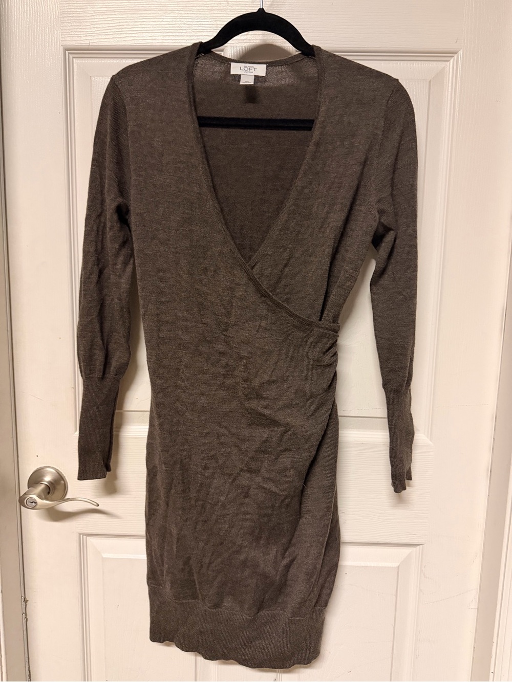 LOFT Brown Wrap-Front Long Sleeve Knit Dress